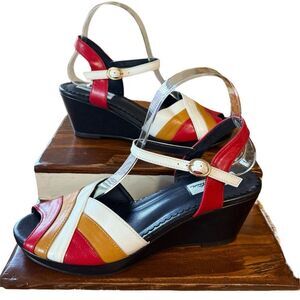 Lulu Hun London Tan Red White Blue Vegan Leather Tonya Peep Toe Wedge Sandals 6